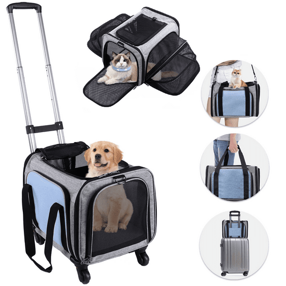 BEBANG Rolling Pet Carrier with Wheels, Expandable Pet Carrier for Small Dogs Cats Under 26LBS, Foldable Small Dog Bag with Wheels Removable for Travel, Outdoor