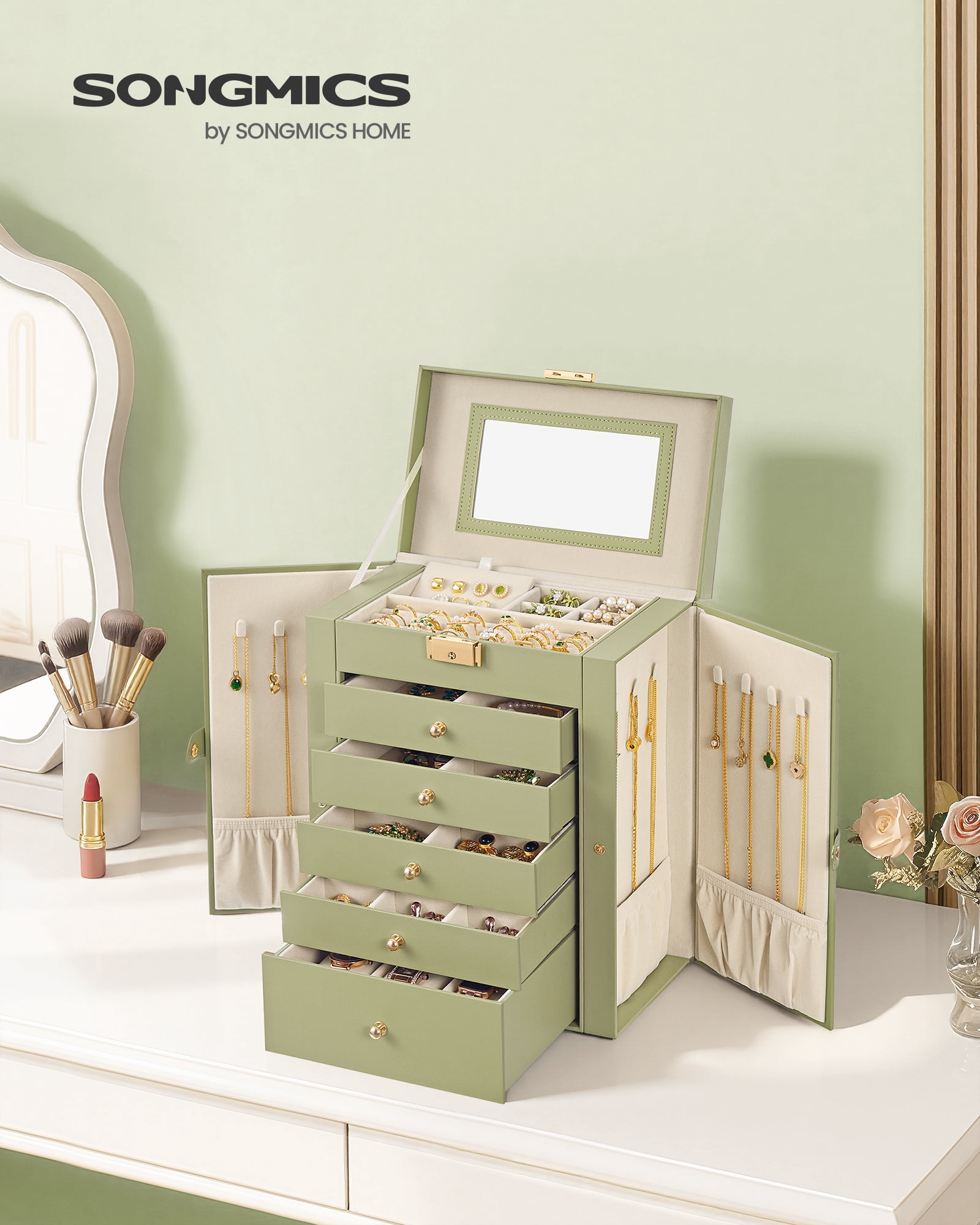 SONGMICS 6-Layer Jewelry Box Organizer with 5 Drawers, Jewelry Storage Case with Lock and Mirror, Large Storage Capacity, Gift for Loved Ones, for Necklaces, Watches, Sage Green