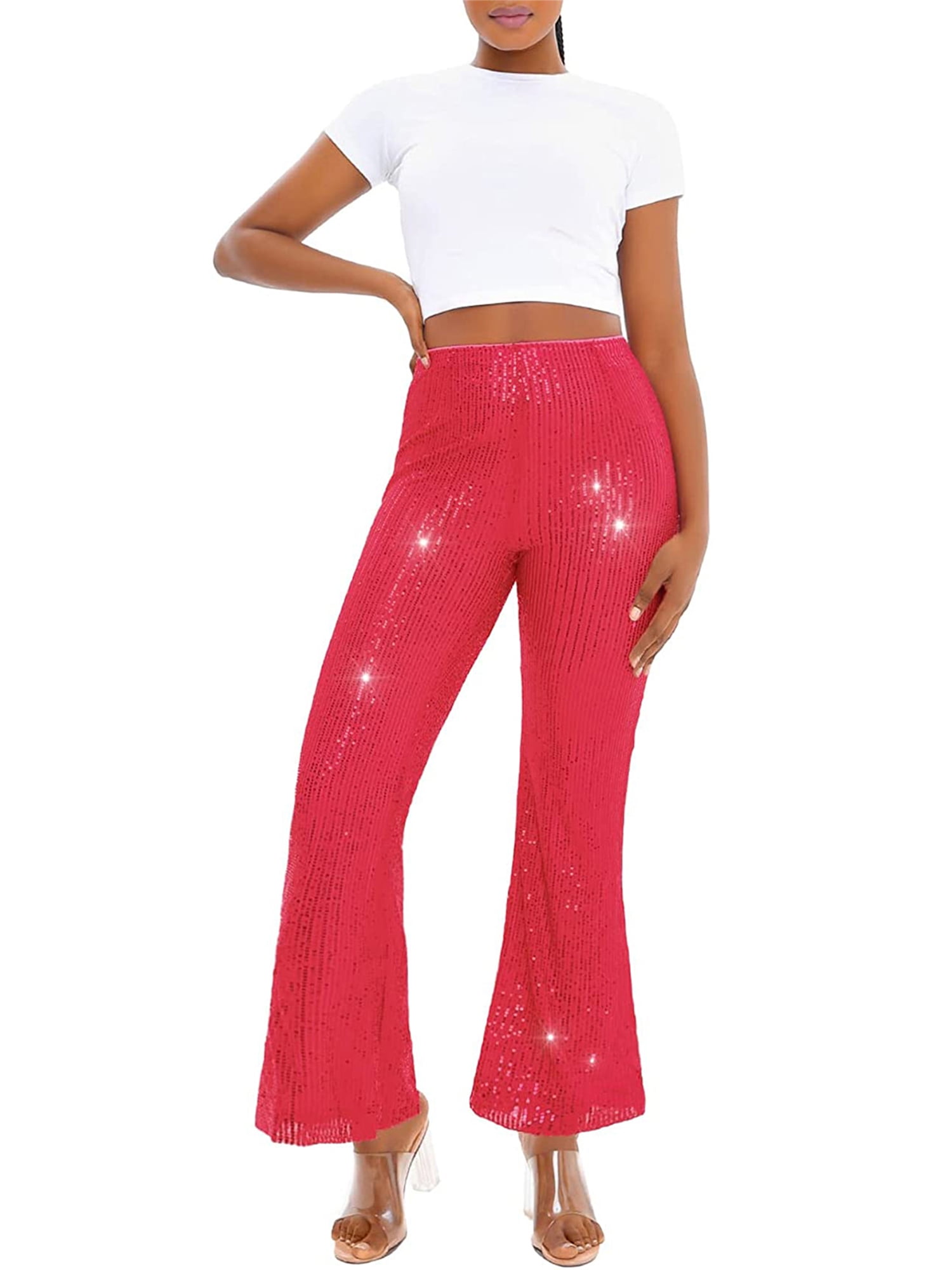 Jxzom Women Sequin Flare Pants Glitter Sparkle High Waist Wide Leg Bell