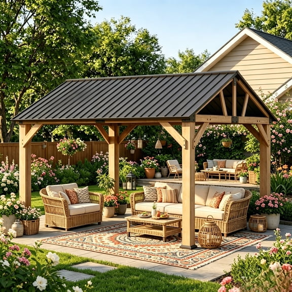 Clouddwell 10' x 12' Cedar Wood Gazebo with Hardtop Metal Roof, Outdoor Patio Gazebo for Backyard, Deck, Lawn & Poolside
