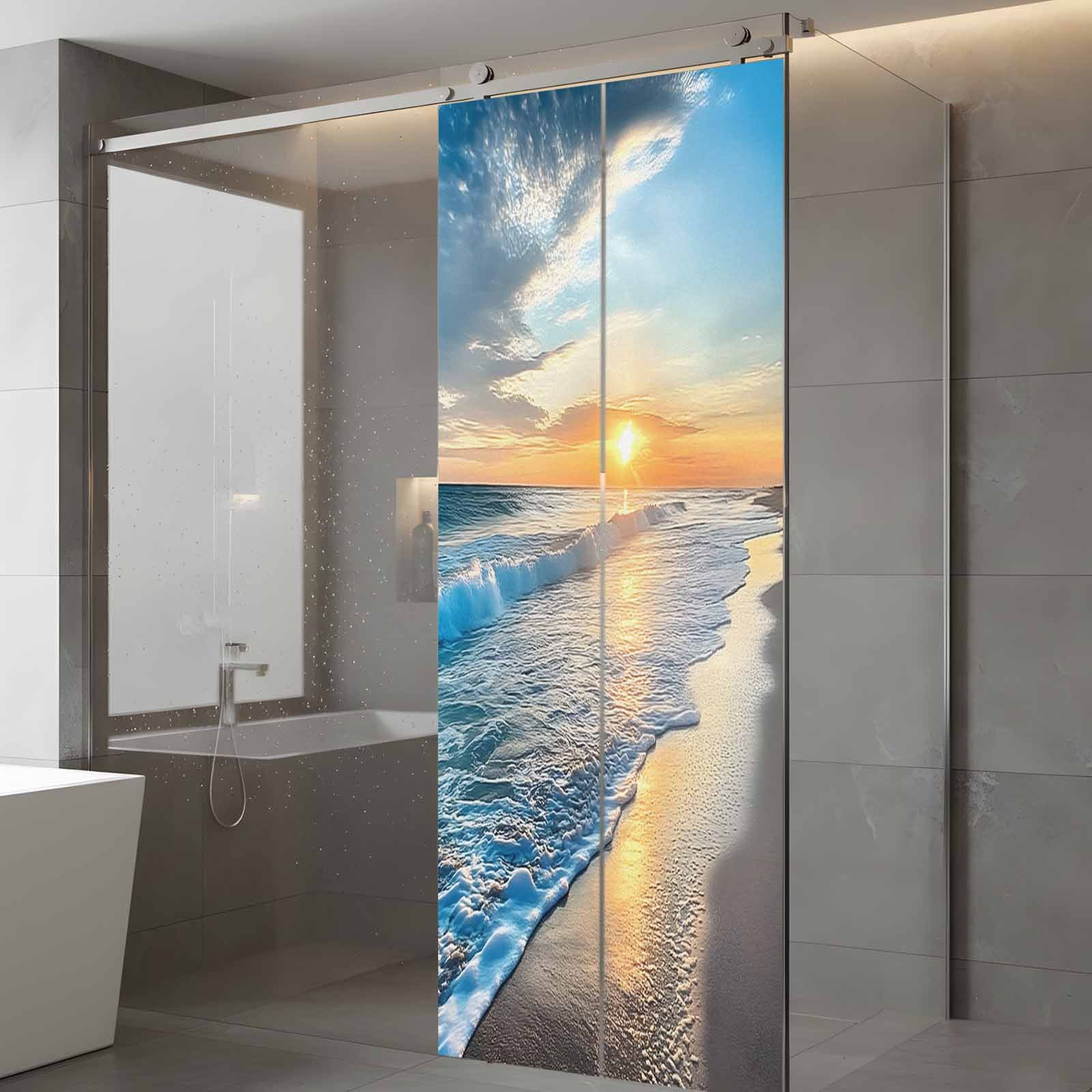 Sunset Beach Privacy Window Film, Decorative Frosted Glass Window Film, Spray Ocean Waves Sky Nature Scenery Reusable Peel and Stick Static Cling for Home Bathroom Office Glass Door 23.6"x59"