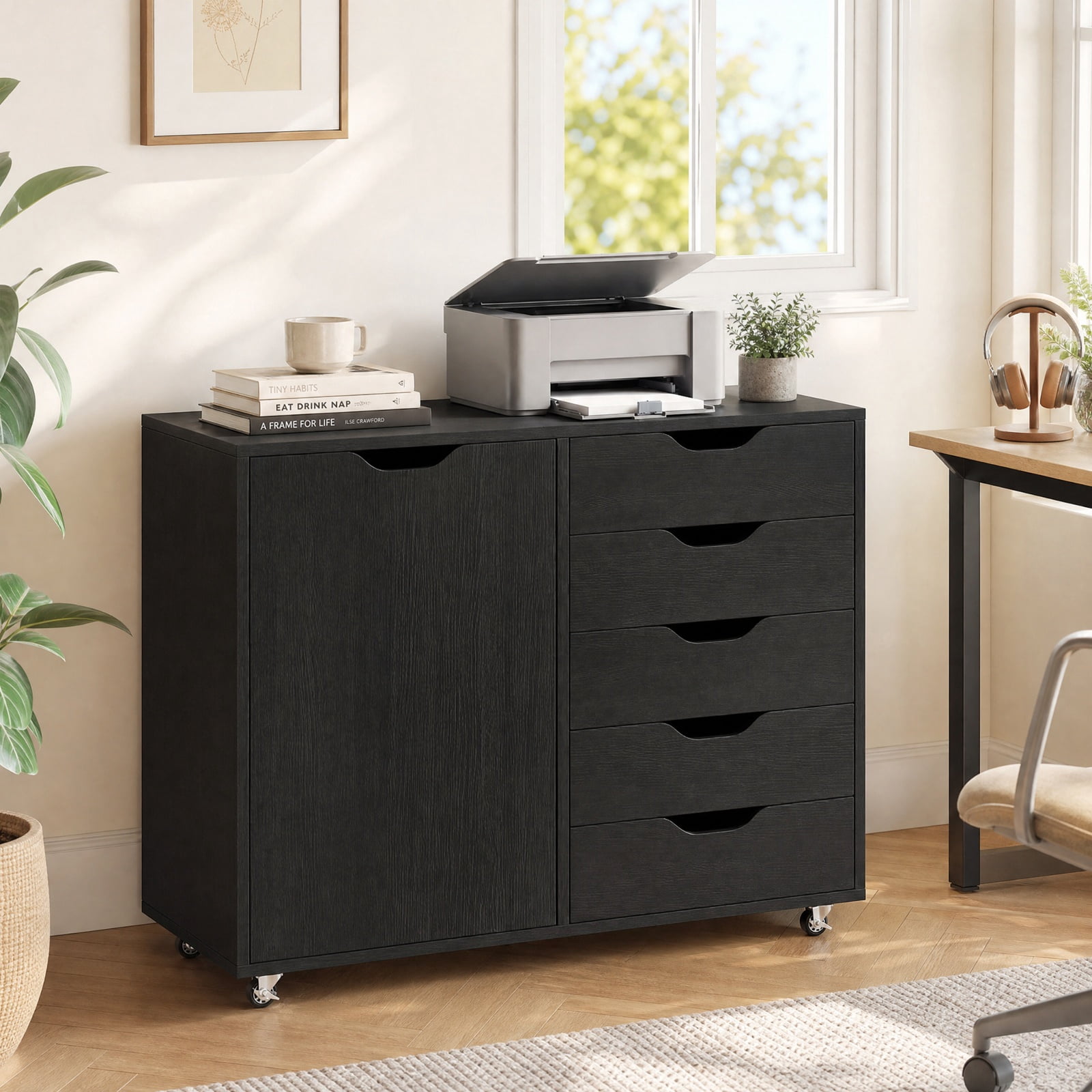 Furnibear 5-Drawer Rolling Storage Cart with Side Cabinet for Home Office Filing Document Letter Legal Storage, Black