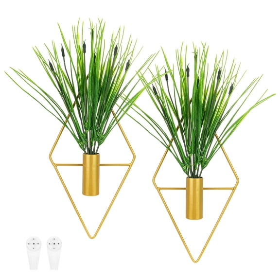 Uxcell 2 Set Plant Wall Decor, Hanging Planters with Artificial Aquatic Plant Metal Hanging Vase Diamond Shape for Room [Golden]
