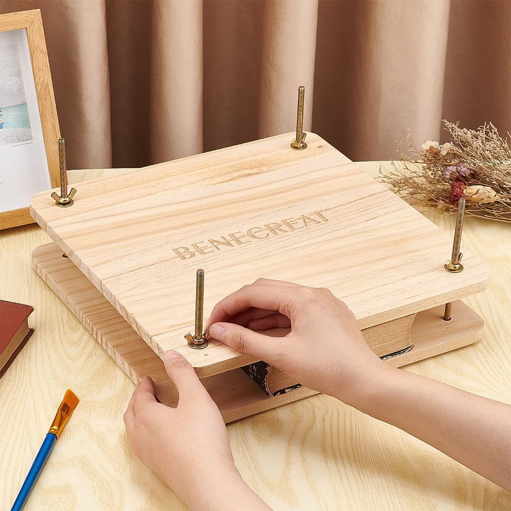 Book Press Bookbinding Wooden Book Press Tool Portable Binding Press Machine with Iron Nut Wing Nuts Gasket for Home School Office Bookbinding Supplies 11.8x11.8" diy