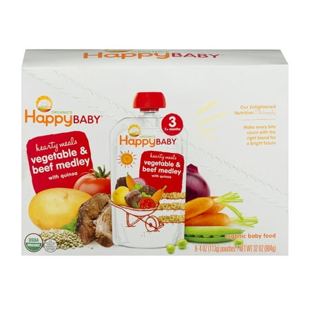 (8 Pouches) Happy Baby Organics Hearty Meals Vegetable &amp; Beef Medley With Quinoa Pouches, 4.0 OZ