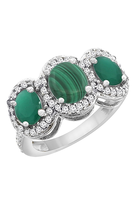 14K White Gold Natural Malachite & Emerald 3-Stone Ring Oval Diamond Accent, size 5