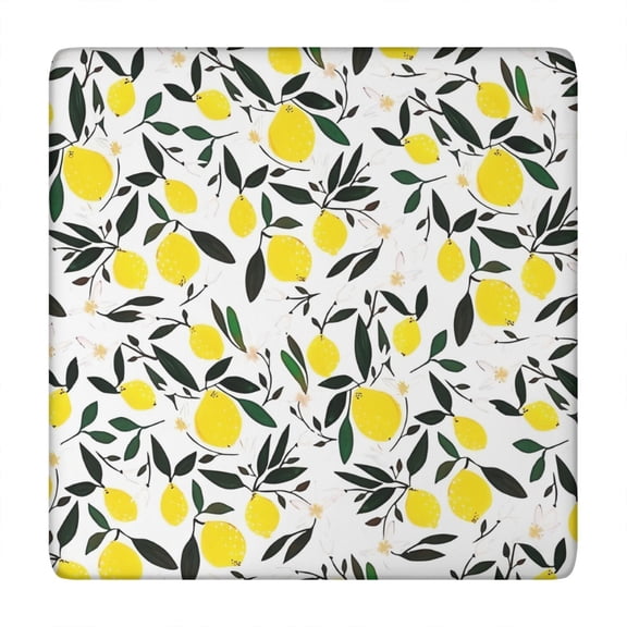 Yellow Lemon Fruit Leaves White Pattern Square Fitted Tablecloth with Elastic Edge,Square Table Cover,Washable Elastic Table Cover for Home Kitchen Party Decor 34"x34"
