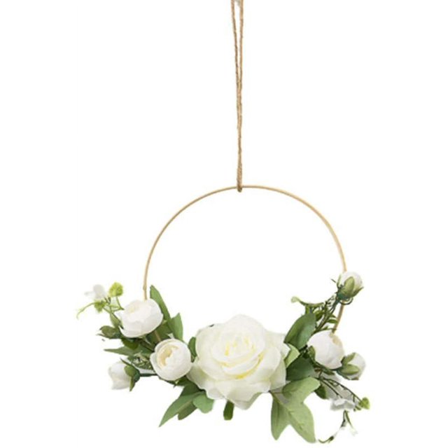 Corona de aro dorado con flores, flor artificial para colgar en la pared de 19 cm