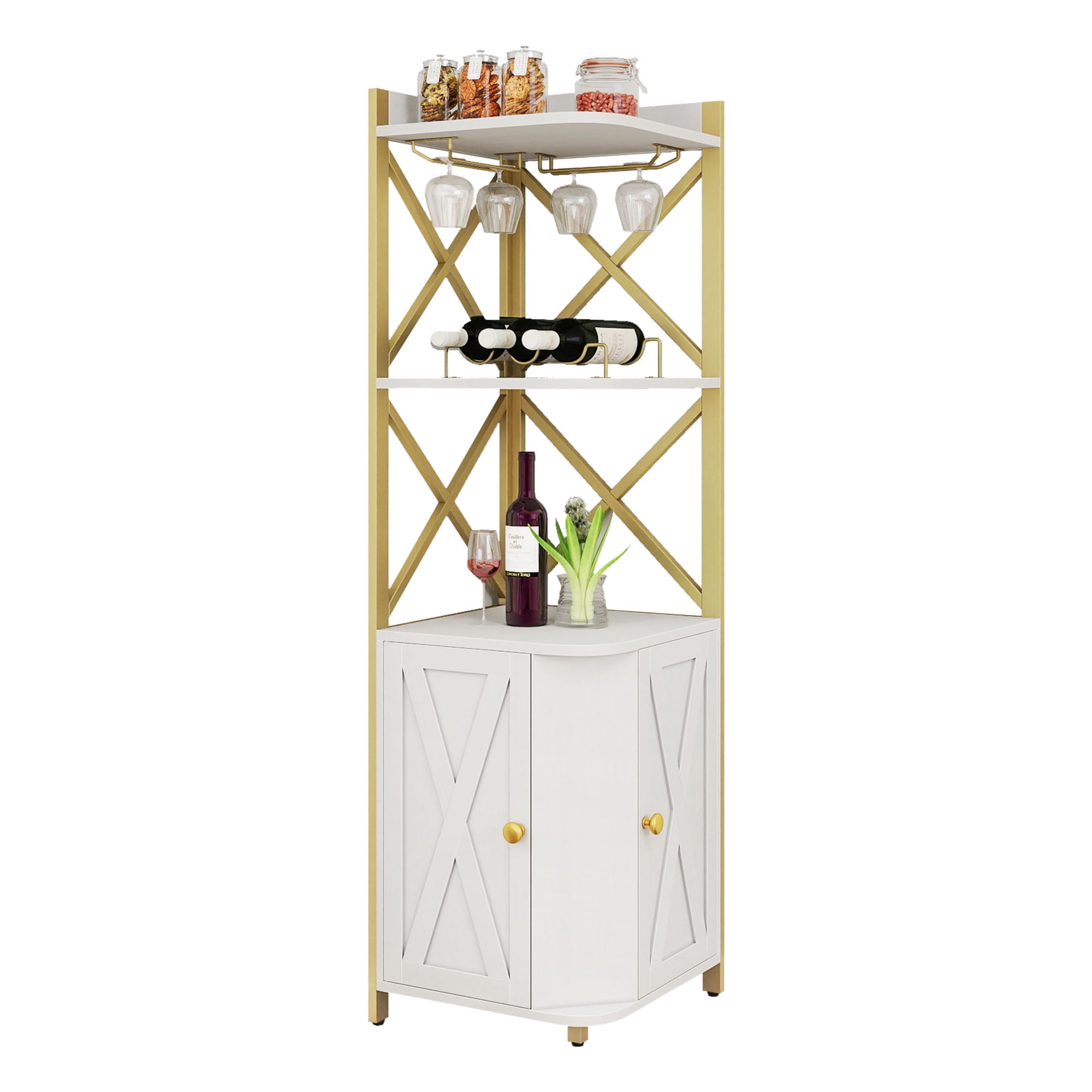 Dextrus 62.8" Corner Bar Cabinet for Liquor and Glasses, Corner Shelf with doors & Wine Rack, White