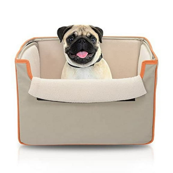 Precious Tails Collapsible Pet Booster Car Seat Box with Plush Fleece Cover, Cushion Insert and Foam Padded Panel - Foldable Carseat for Small Pet Dogs and Puppies Under 20 lbs, Khaki