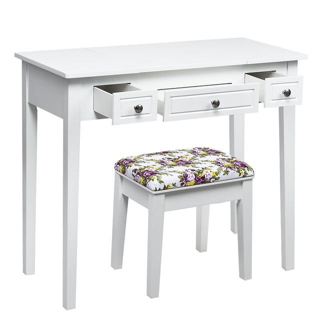 Patiojoy Makeup Table Set w/Cushioned Stool for Girl Women Vanity Dressing Table Set White
