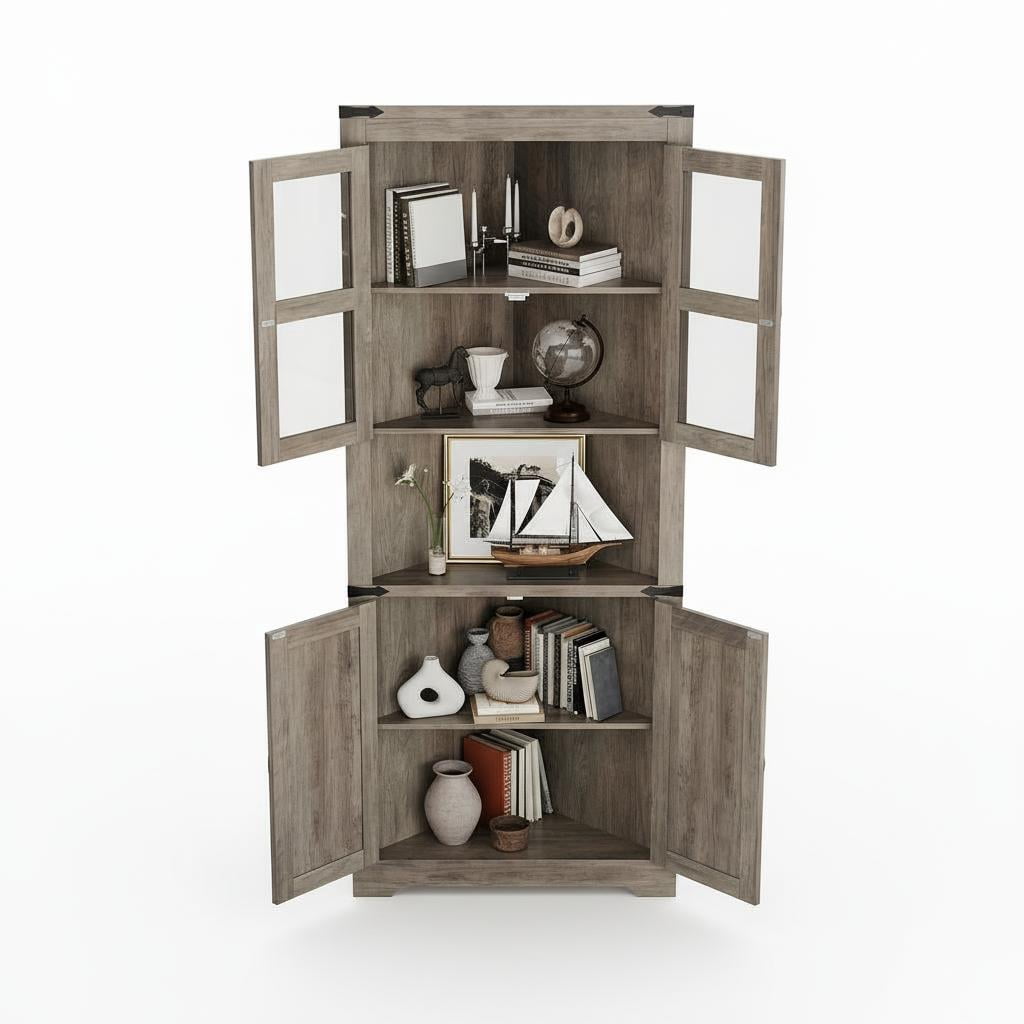 Corner Storage Cabinet with Glass Doors, Double-Door Corner Cabinet, Corner Cabinet with Shelves, Corner Cabinet with Light Strips-Retro color