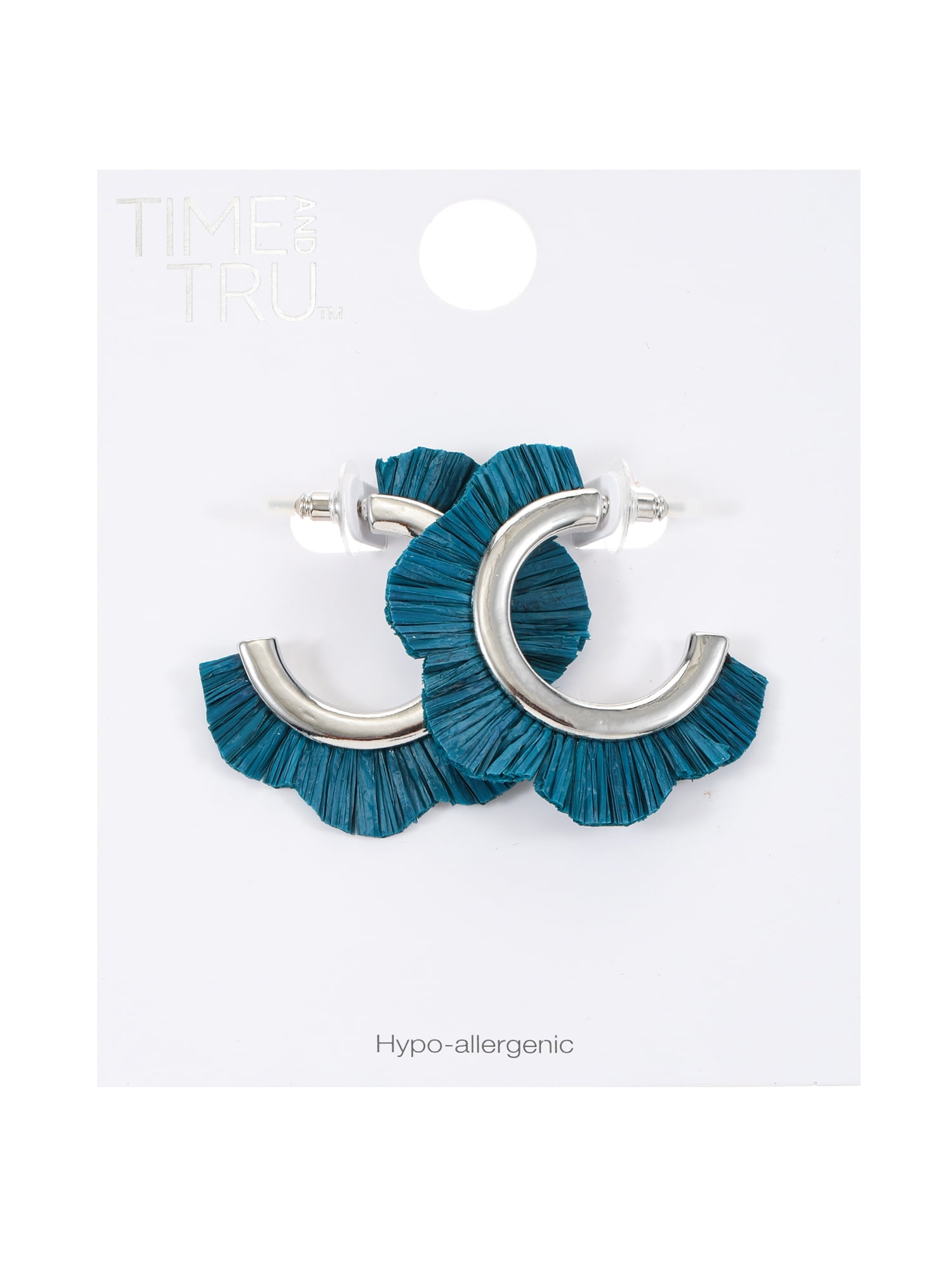 Time and Tru Woven Raffia and Silvertone Hoop Earring, Teal, 1 Pair