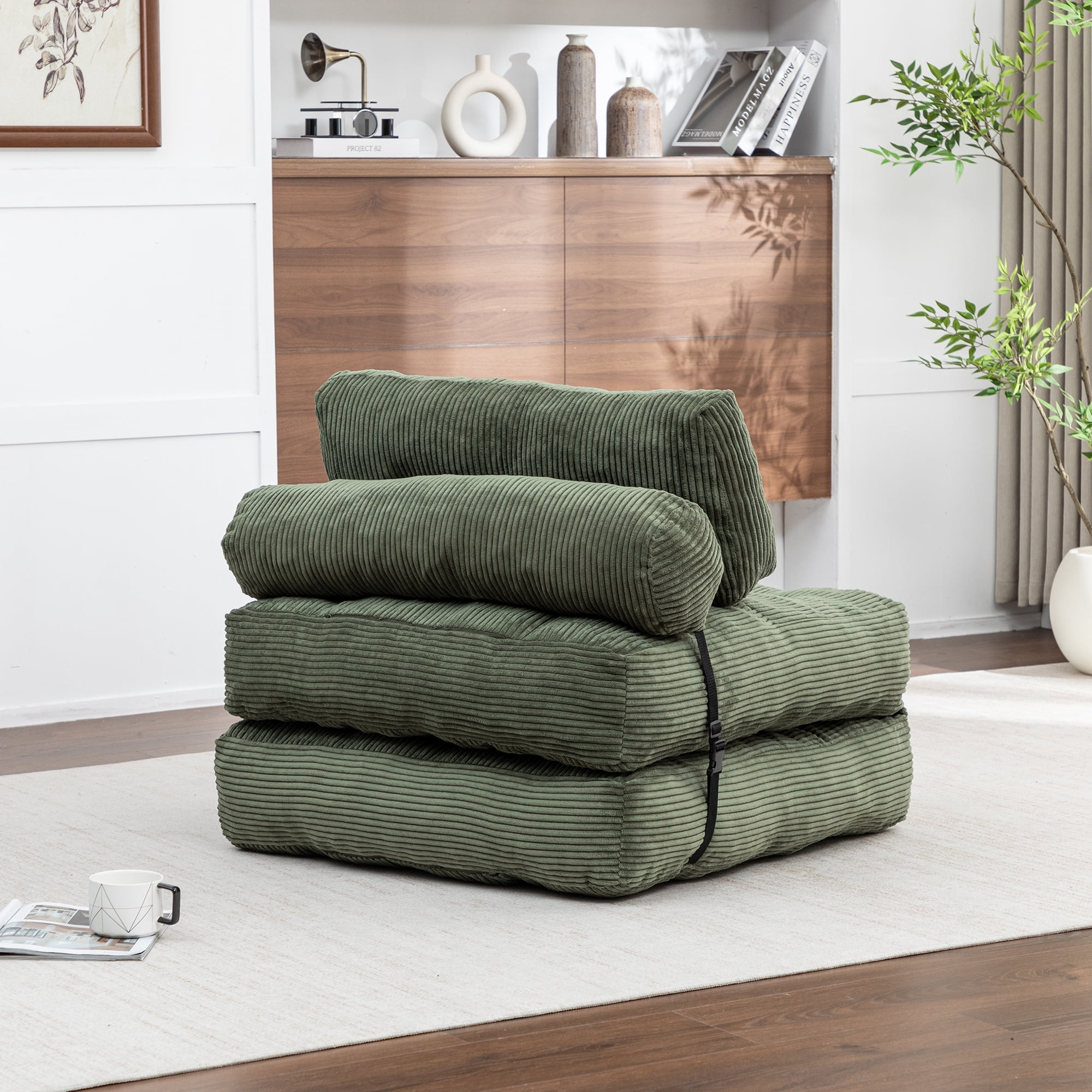 Convertible Folding Sofa Bed with Pillow and Lumbar Support, Foldable Sleeper Chair and Floor Mattress for Living Room and Guest Room, Green Corduroy