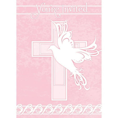 Pink Dove Cross Religious Invitations, 8ct