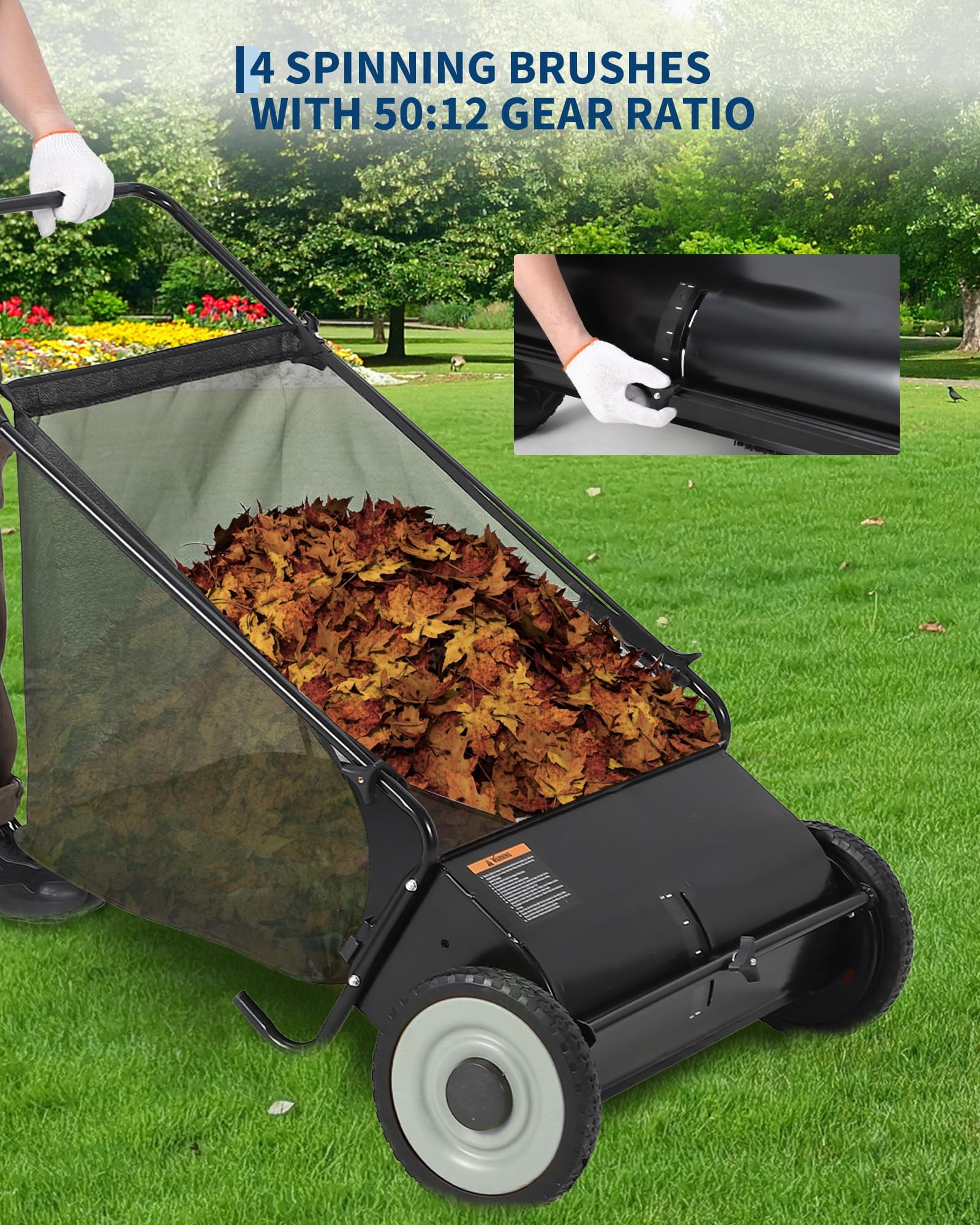 TEQIN Push Lawn Sweeper,21 In Leaf Sweeper With 7 Cu. Ft. Capacity,Adjustable Brush Height & Spinning Brushes, Heavy Duty Yard Sweeper Lawn Sweeper Push For Leaves Grass Cleanup