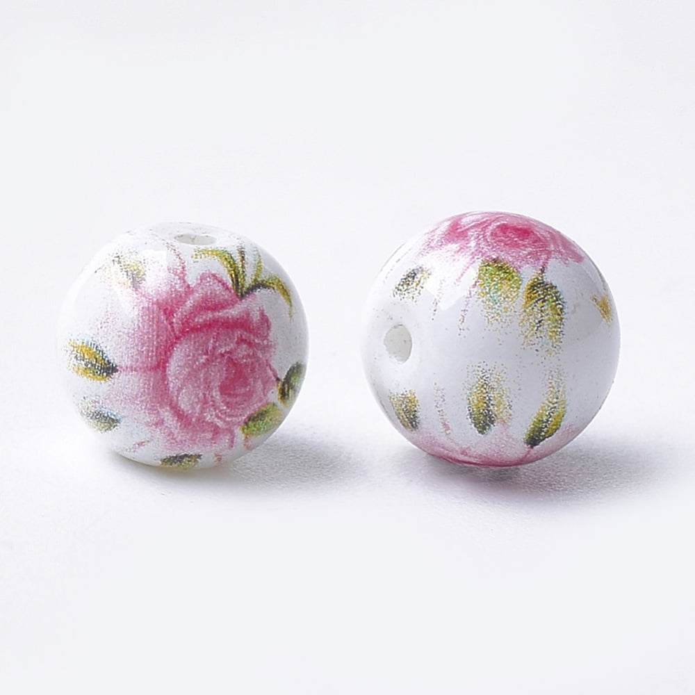 100 pc Printed & Spray Painted Glass Beads Round with Flower Pattern Hot Pink 8~8.5x7.5mm Hole: 1.4mm