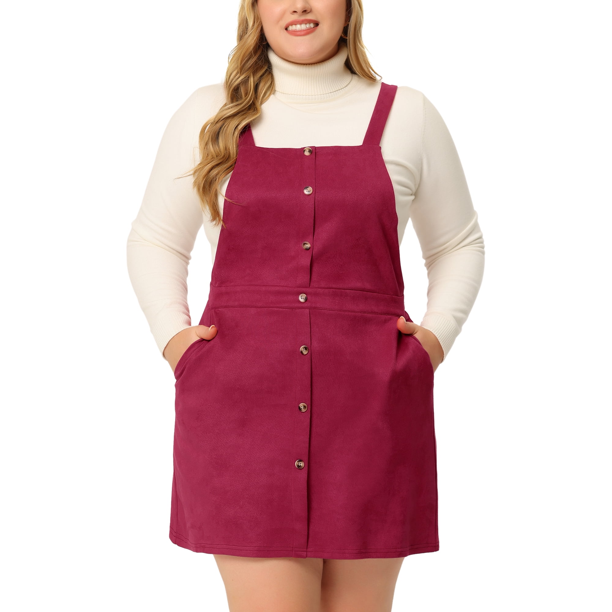 Unique Bargains Women s Plus Size Suspender Skirt High Waist A Line Suede Overall Dress 1x Dark Red Other