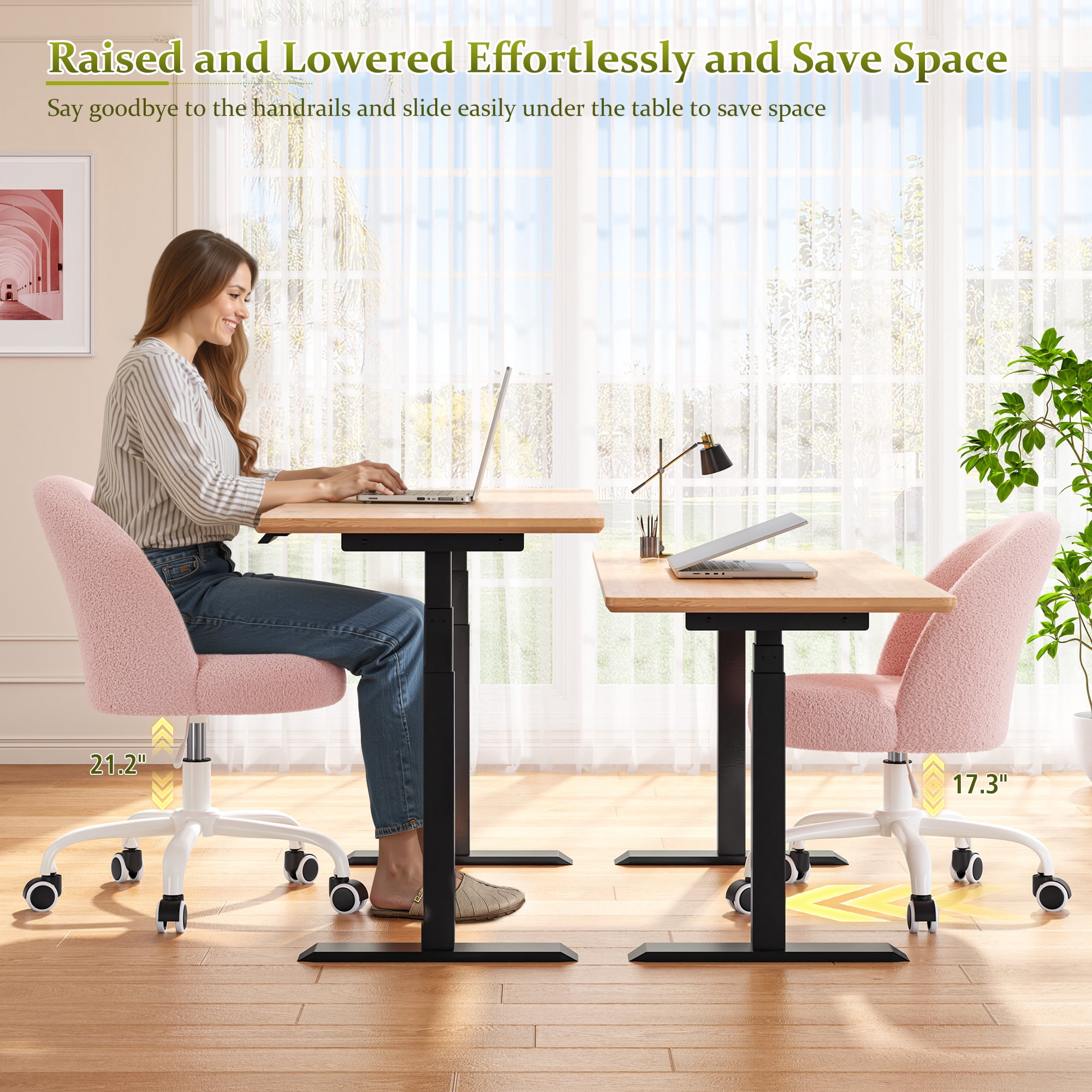 Romorgniz Vanity Chair Height Adjustable Desk Chair with Wheels, Armless Office Chair with Soft Lumbar Support for Small Space, Bedroom, Home office, Blush Pink