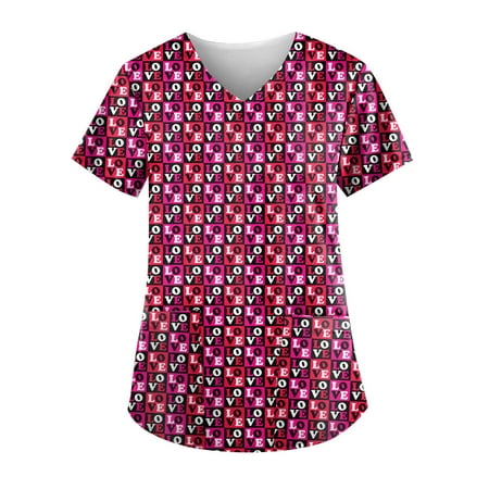 

XHJUN Long Sleeve Scrub Tops Women Couple Happy Valentines Day Nurse Shirt Couple V Neck Short Sleeve Workwear Cute Print Hot Pink S