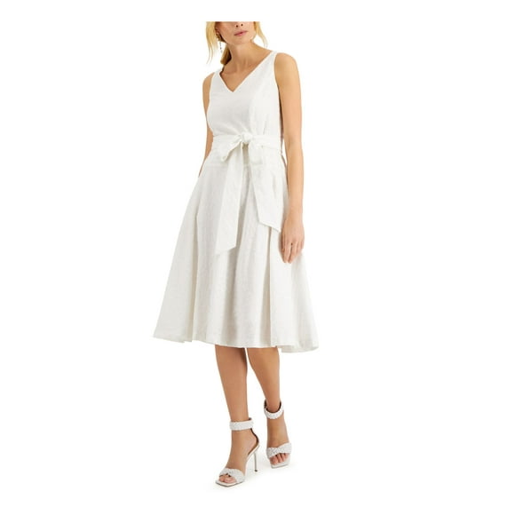 TAYLOR Womens White Zippered Eyelet Tie Belt Lined Smocked Sleeveless V Neck Below The Knee Fit + Flare Dress Petites 10P