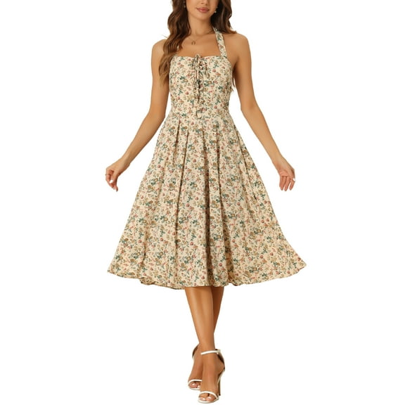 INSPIRE CHIC Halter Neck Floral Dress for Women's Summer Sundress Sleeveless Lace Up Midi Dress XS Beige