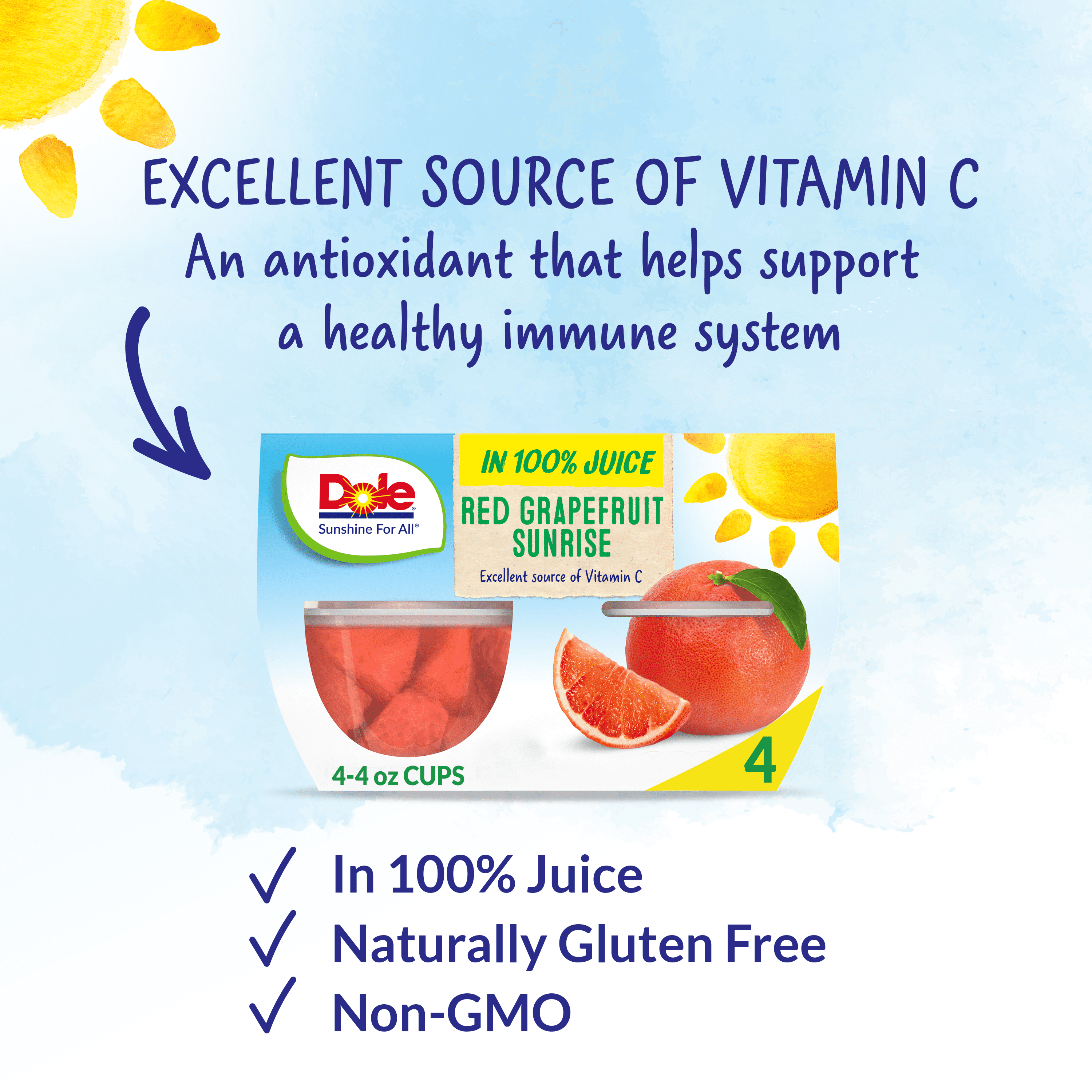 (4 Cups) Dole Fruit Bowls Red Grapefruit Sunrise in 100% Fruit Juice, 4 oz