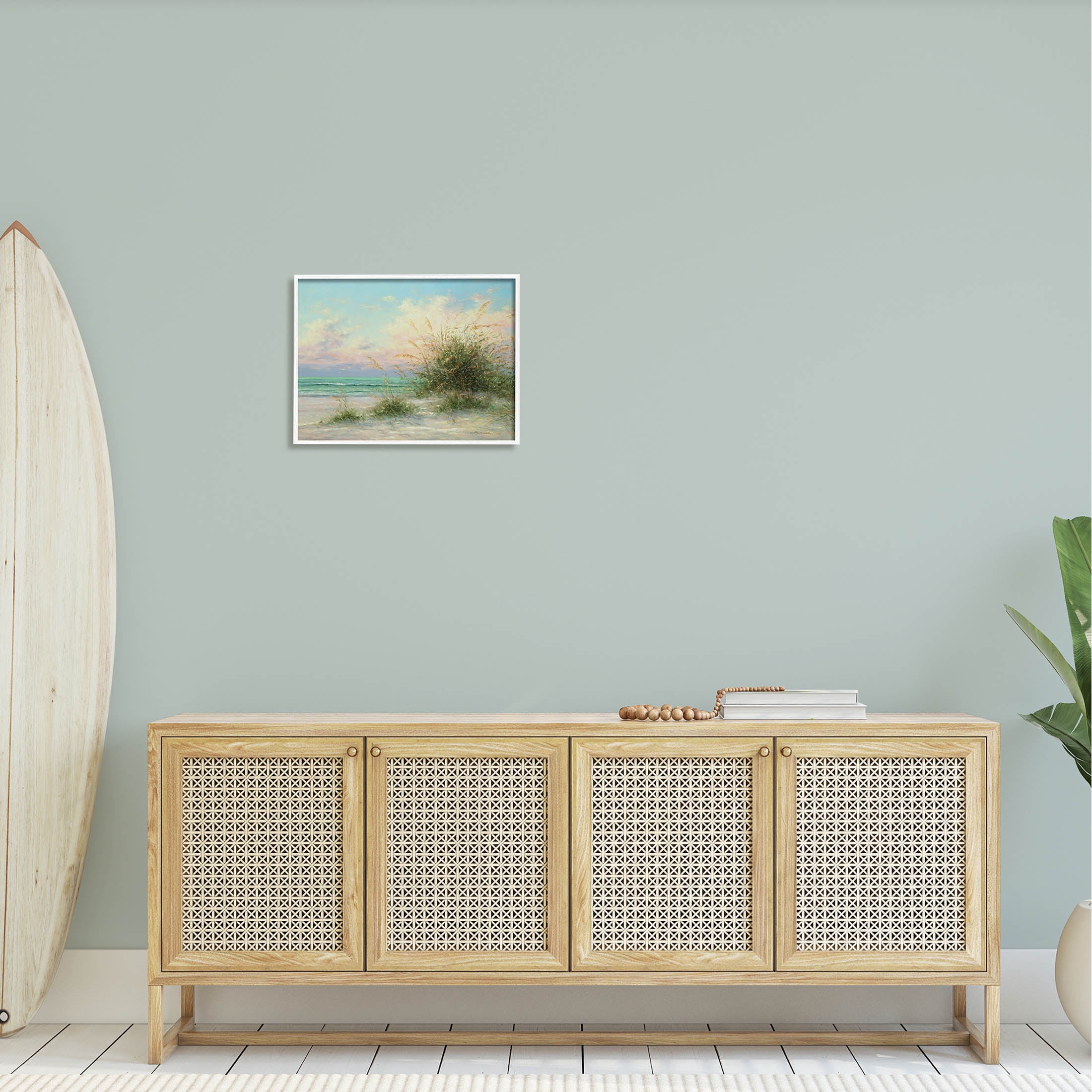 Summer Beach Grass Sea Waves Coastal Painting White Framed Art Print Wall Art