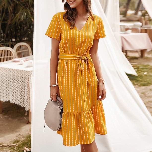 Vestido de mujer con volantes y cinturón con estampado de rayas con cuello en V Vestido de manga cor Abanopi Amarillo/Medio