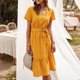 thumbnail image 1 of Vestido de mujer con volantes y cinturón con estampado de rayas con cuello en V Vestido de manga cor Abanopi Amarillo/Medio, 1 of 7