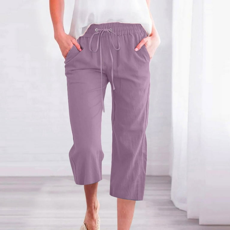 OVBMPZD Fashion Womens Casual Printing Elastic Loose Capri Pants Drawstring  Straight Wide Leg Trousers Cropped Pants Purple 3XL
