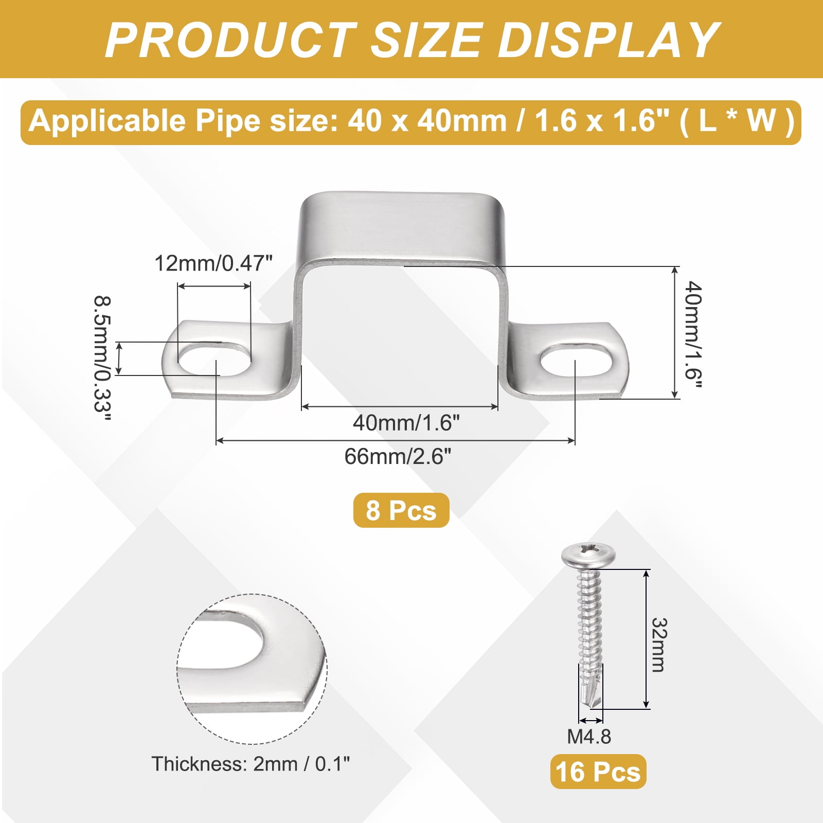 Uxcell 8Pcs U Shape Square Tube Clamp, 40x40mm U Shaped Bracket 304 Stainless Steel Square Strap Clamp with Phillips Head Self Drilling Screws for Pipes Door Closed Bar Holder Railings
