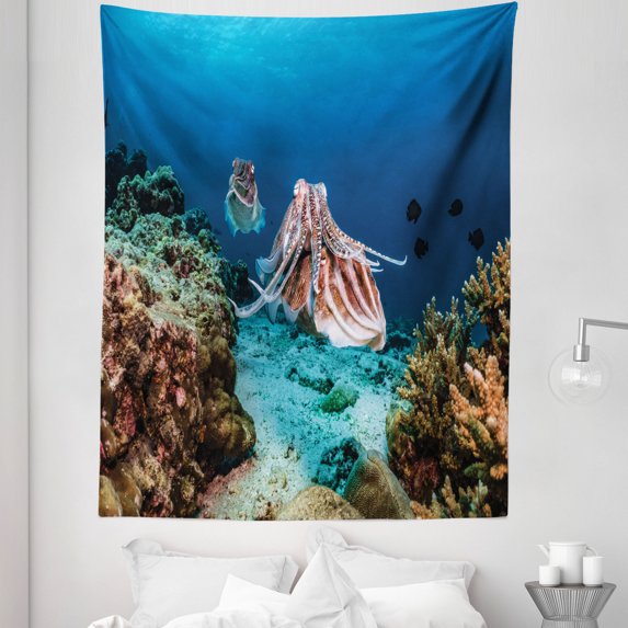 Underwater Tapestry, Cuttlefish on Coral Reef Sandy Deep Aquatic Animal Tropic Deep Sea, Fabric Wall Hanging Decor for Bedroom Living Room Dorm, 5 Sizes, Sea Blue Teal Pale Brown, by Ambesonne
