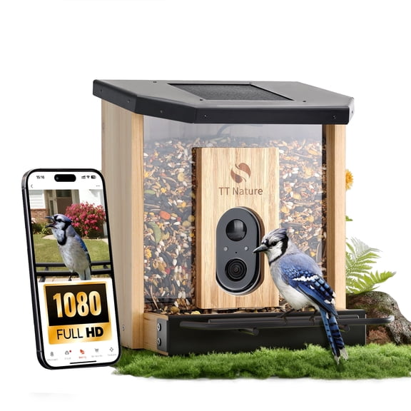 TT Nature Smart Bird Feeder with Camera Solar Powered, AI Identify 10000 Birds, Weatherproof Cedar Wood, Ideal Gift for Bird Lovers