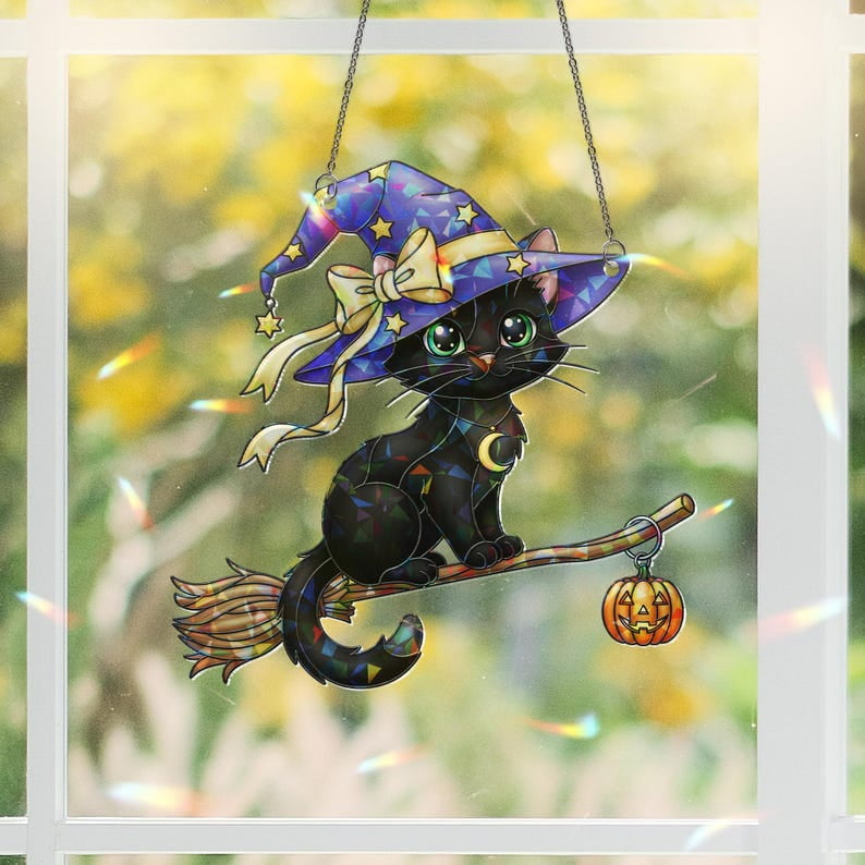 ViciArt Hologram Black Cat Suncatcher – Halloween Witch, Broom & Pumpkin Window Decor, Acrylic Hanging Ornament