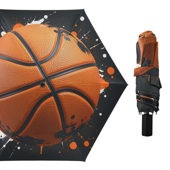 Basketball with Dots All Weather Umbrella Triple Folding Parasol 6 Ribs UV Protection Portable
