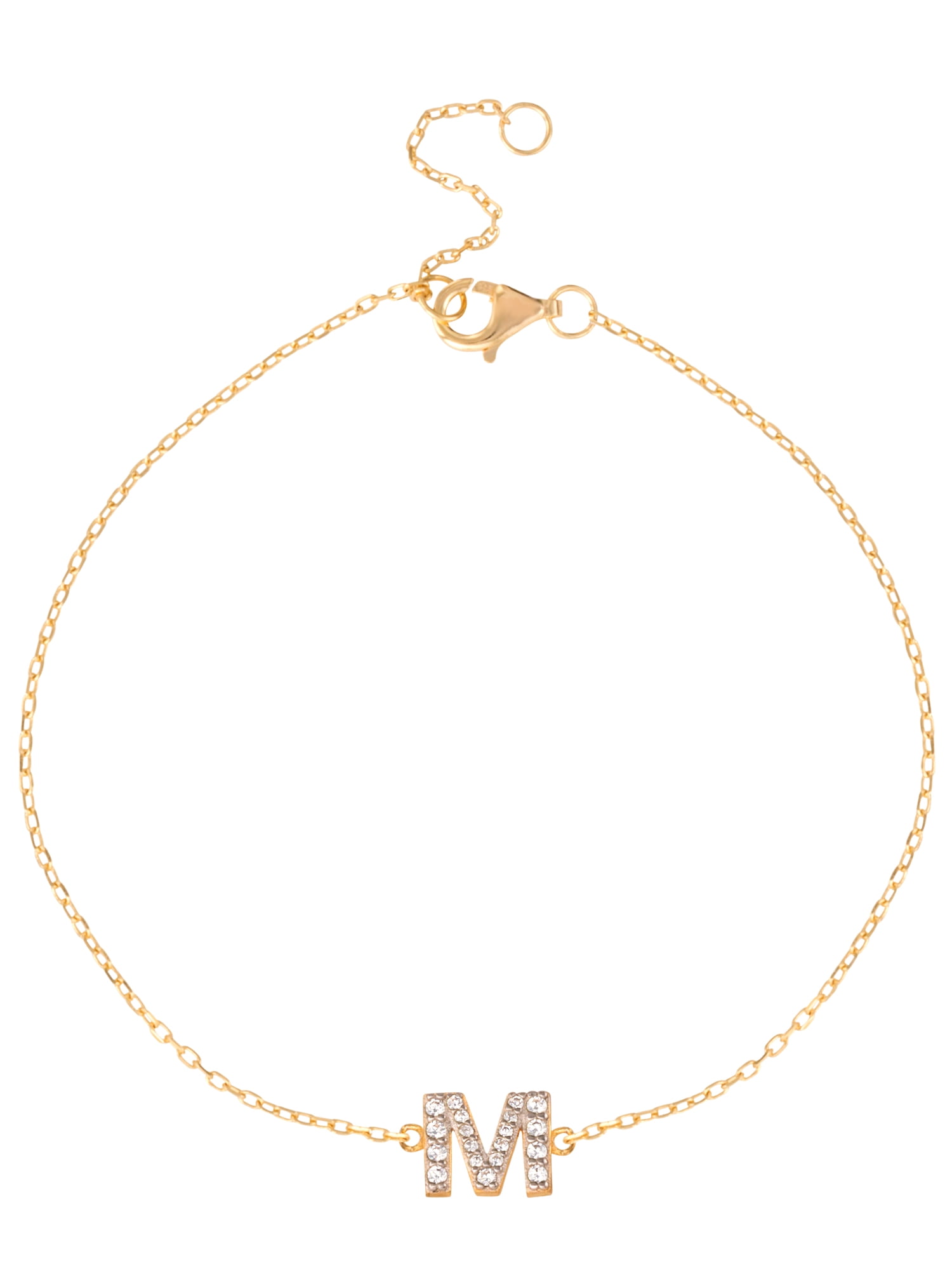 Brilliance Fine Jewelry Sterling Silver 14kt Gold Plated Cubic Zirconia Initial 'M' Bracelet, 6.5" + 1" Extension
