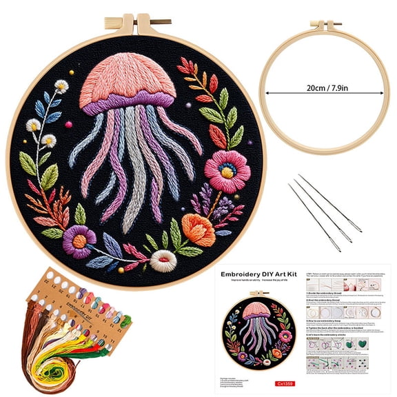 Embroidery Kit for Beginners, Cross Stitch Kits, Embroidery Artwork Kit, Needlepoint Kit, Beginner Embroidery Kit for Adults, Embroidery Kit with Hoop & Video - Jellyfish