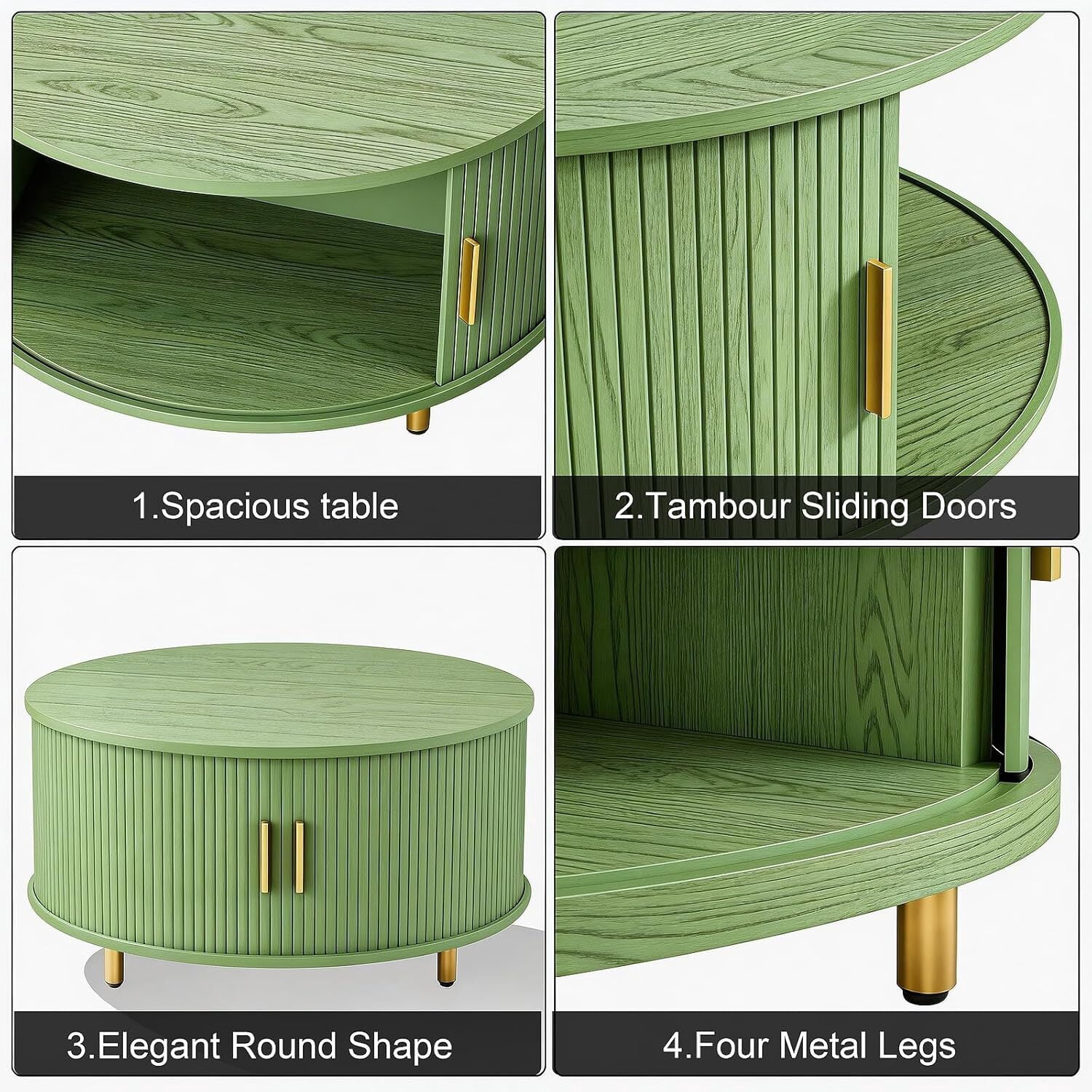 AISWORD Round Coffee Table with 360° Sliding Door, Fluted Accent Coffee Table with Storage Adjustable Footpads for Living Room, Green