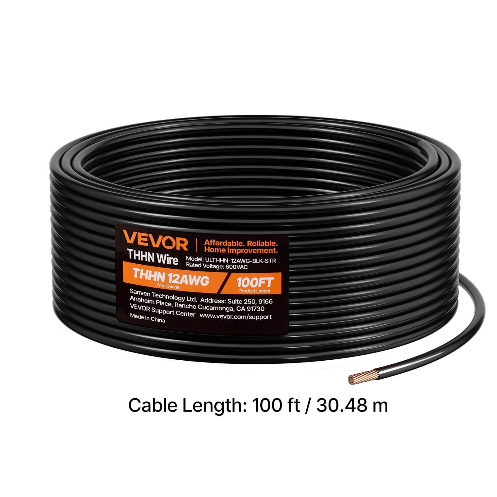 VEVOR 12 AWG THHN Wire, 19-Stranded, 100% OFC Copper Electrical Building Wire with Nylon Jacket, Rated for Up to 600 Volts, for Indoor Outdoor Use, Commercial, Industrial, Residential, Black