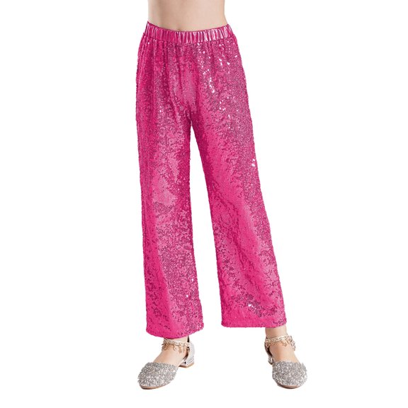Jhaoyu Kids Girls Glitter Sequin Elastic Waist Bell Bottom Pants Hip Hop Performance Disco Party Hot Pink 8