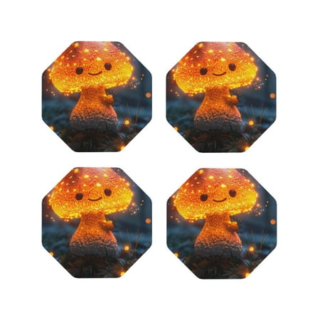 

Junzan Glowing Mushroom In Forest Print Coasters for Drinks - Leather Coasters Set of 4 for Coffee Table for Housewarming/Kitchen/Bar/Decor-Octagon