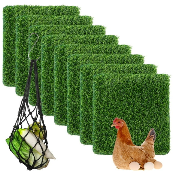 8 Pcs Chicken Nesting Box Pads, Washable Artificial Grass Mats with Feeding String Bag, Reusable Fake Turf Beddings, Indoor & Outdoor Green Rugs for Chicken Coops, 12x12 Inches