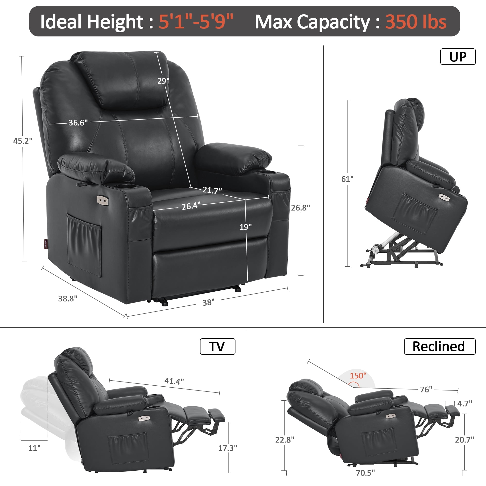 MCombo Medium-Wide Power Lift Recliner Chair Sofa with Massage and Heat for Elderly People, Cup Holders, USB&Type C Ports, Side Pockets, Faux Leather (Black, Medium-Wide)
