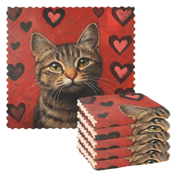 6 Pieces of Kitchen Towels 11x11Inch Kitchen Dish Cloths Kitchen Dish Towels Reuseable Cleaning Cloths Love Cat Pattern