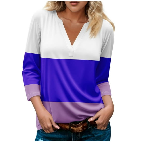 Perfectbot T Shirts for Women Color Block V Neck 3/4 Sleeve Tunic Tops Fashion Summer Casual Blouse