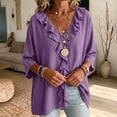 thumbnail image 5 of ClodeEU Women's Linen Blend Ruffle V Neck Half Sleeve Blouse,Casual Loose Solid Shirt Top Purple,Women's Plus M, 5 of 7