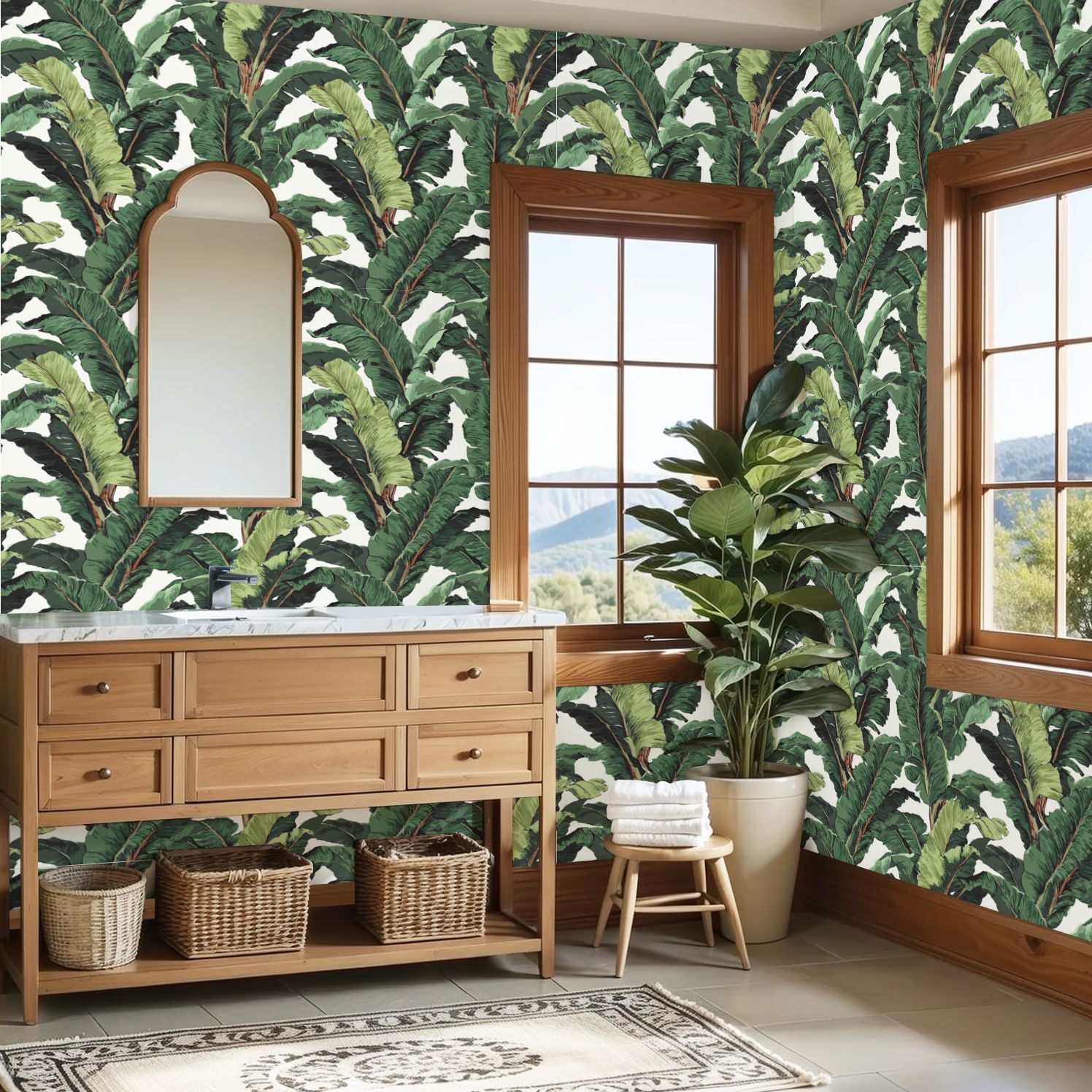 Vintage Peel and Stick Wallpaper Tropical Banana Leaves Bold Green Shades Wall Mural 23.6in x 9.8ft Self Adhesive Removable Wall Paper Renter Friendly Wallpaper for Nursery Bedroom Cabinets
