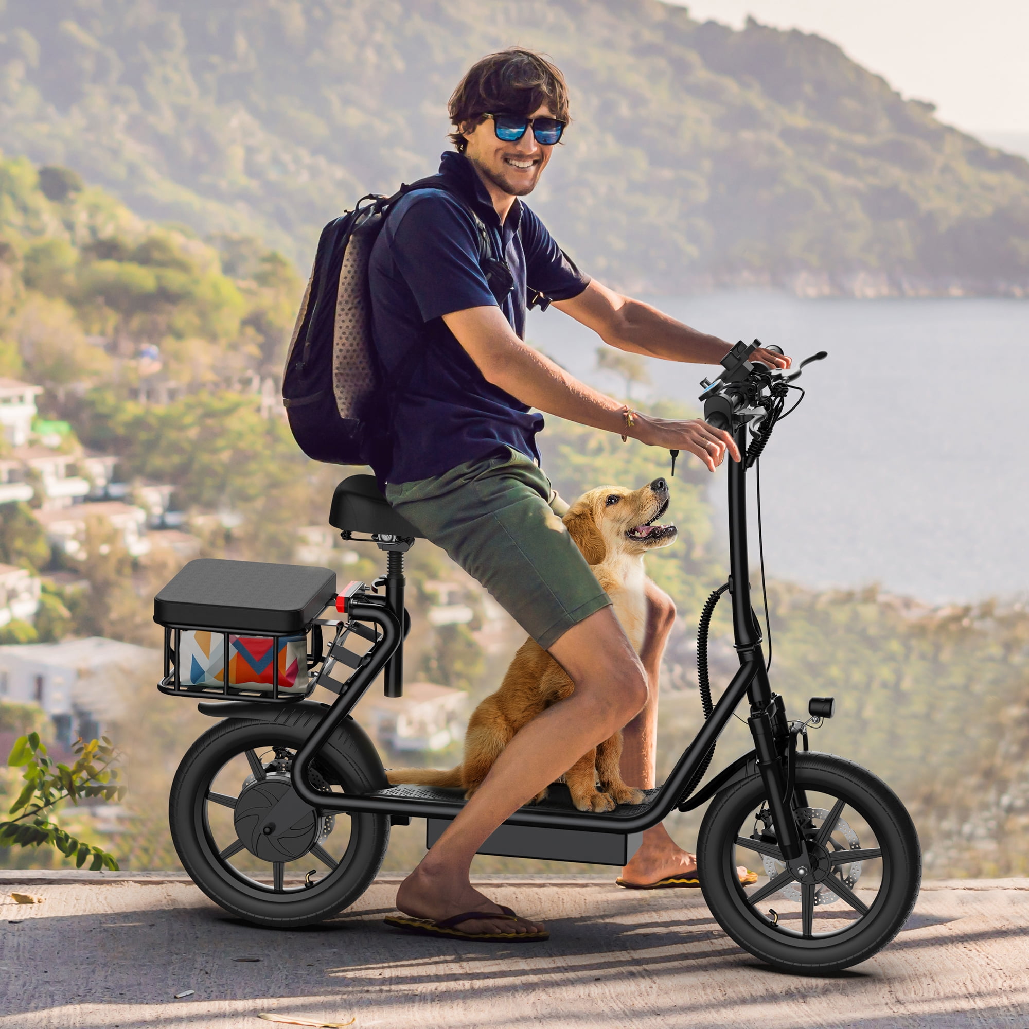 AOVOPRO ESBS 500W 14 inch Commuter Electric Scooter with Seat &Carry Basket for Adult-Up to 28 Miles 21MPH