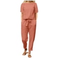 thumbnail image 1 of Conjunto de dos piezas de algodón y lino para mujer para el verano: camiseta de manga corta y pantalones anchos, traje informal holgado - S-XXXXXL, 1 of 8